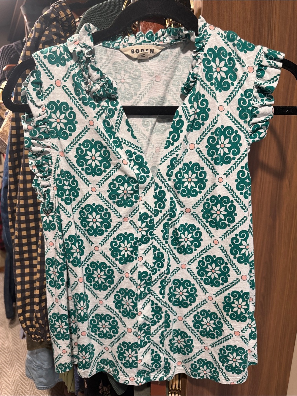 Boden Teal Tile-Print Ruffle Sleeve Camisole